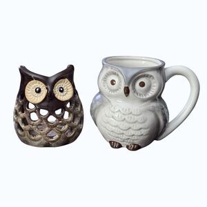 Luminary Ceramic Owl Candle Holder And An Owl Figural Coffee Mug